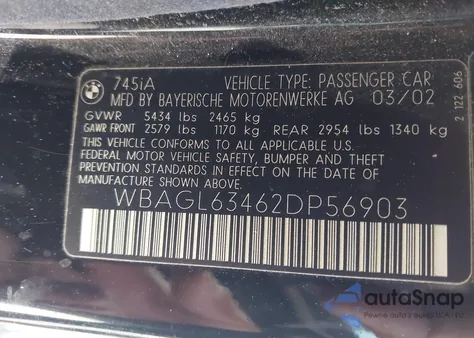 2002 BMW 745I z USA, uszkodzony, nr VIN WBAGL63462DP56903